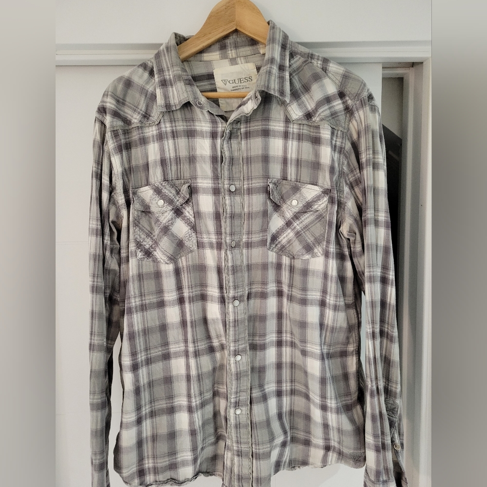 Grey plaid pearl snap Guess shirt